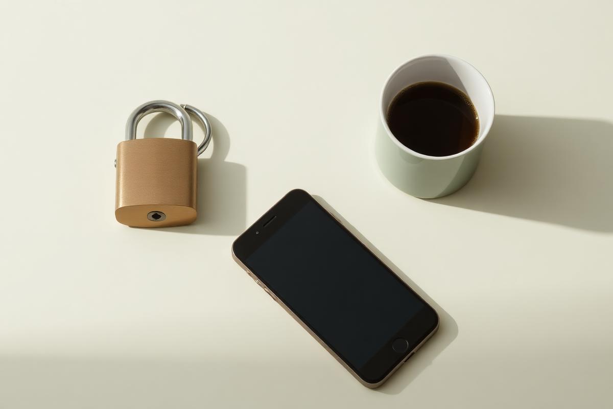 Celular, cadeado dourado e xícara de café sobre mesa creme